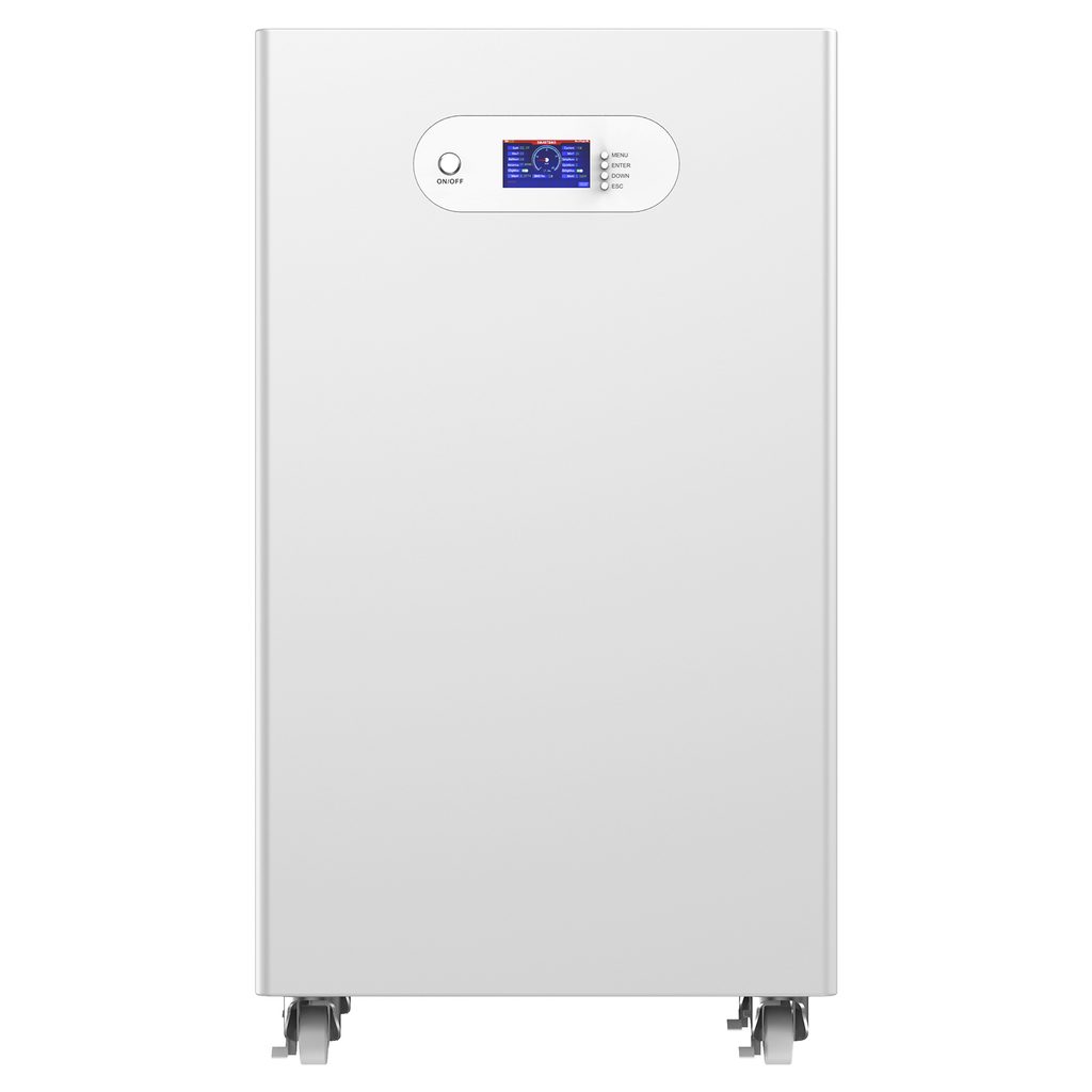 White floor-standing home battery with a front display